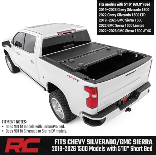 Rough Country Hard Low Profile Tri-Fold Tonneau Cover for Chevy Silverado & GMC Sierra 1500 (2019–2026) – Flush Mount Aluminum Bed Cover, Fits 5'10 Short Bed - image 3