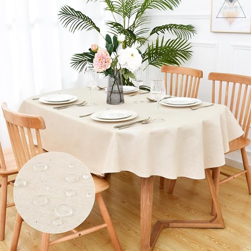 Rustic Faux Linen Oval Tablecloth Farmhouse Water Resistant Neutral Table Cloth Washable Table Cover for Home Kitchen Dinning Room Banquet Indoor Outdoor 52x70 Inch
