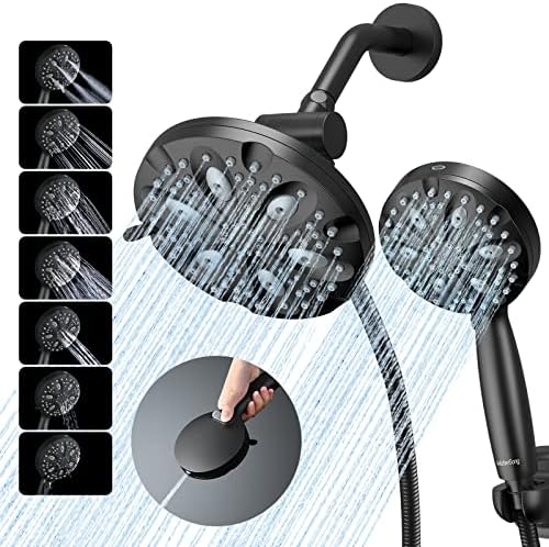 Shower Head Combo-WaterSong 14 settings 7'' Rain Showerhead+5'' Handheld Shower Spray with Build in Power Wash, 6.5ft Hose/Adjustable Mount for Bath Massage Spa, 3-Way Diverter, Matte Black