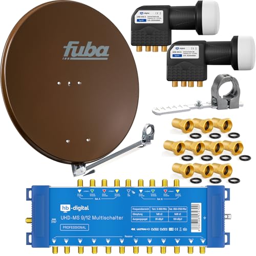 HB-DIGITAL Antena satélite profesional: Fuba DAL 800B - Antena satélite (reflector 9/12, 2 satélites y 12 conmutadores multiconmutador), 2 UHD Quattro LNB y accesorios de montaje