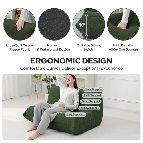 Image of HABUTWAY Bean Bag Chairs Fireside Lazy Floor Sofa,2 Seater,Green | Soft Teddy Fleece 2 Seater Sofa with High-Resilience Foam Filling,Beanbag for Living Room, Bedroom, Office