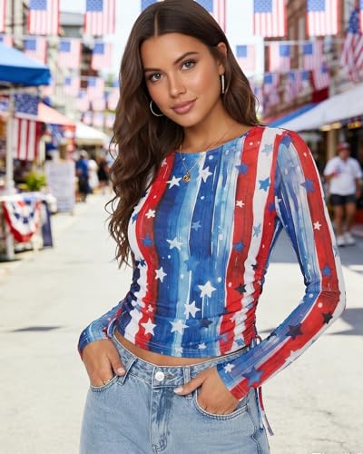 Image of MOUSYA Sheer Tops for Women Mesh Long Sleeve Top See Through Sexy Going Out Tee Summer Crewneck Party Undershirt