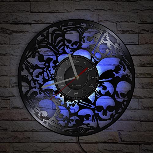 Horloge murale en vinyle, horloge murale en forme de crâne avec fonction veilleuse LED, horloge murale cadeau pour la décoration personnelle de la maison (multicolore)