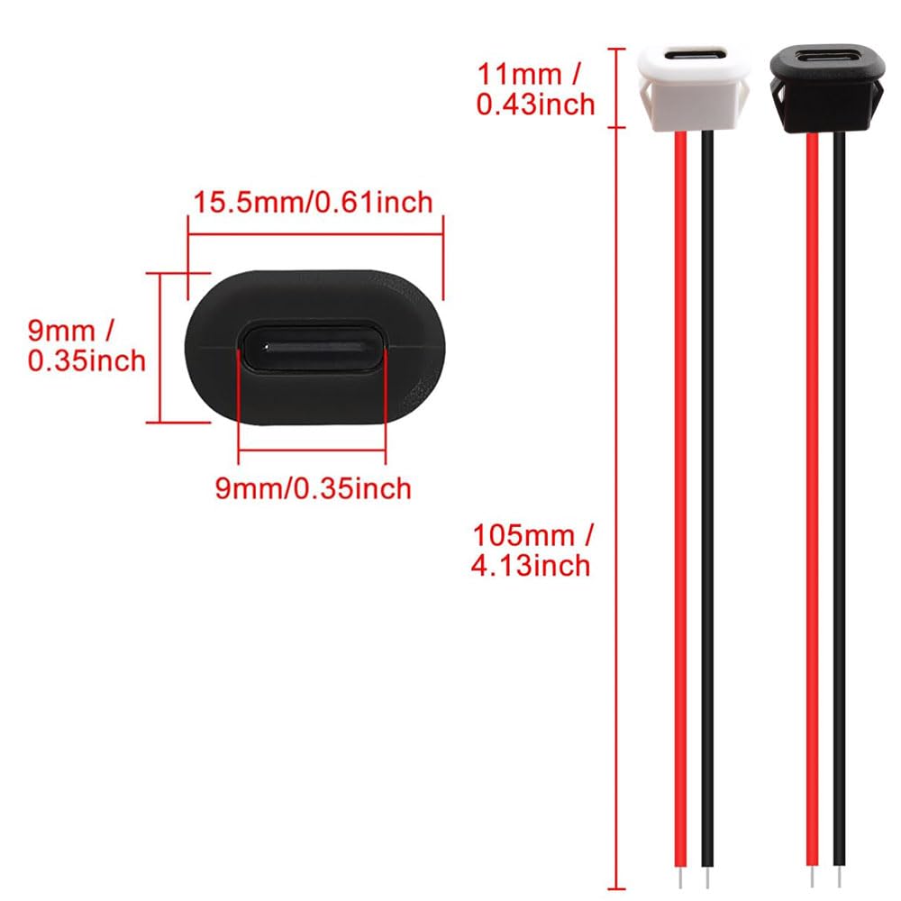 Connettori USB-C Femmina Per Montaggio A Pannello RUNCCI-YUN - 20 Pezzi (10 Neri + 10 Bianchi) - 3A, 5V