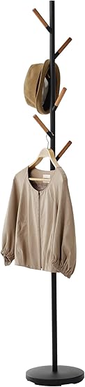 Yamazaki Home Plain Freestanding Coat Hanger Rack With Wooden Hooks, Space Saving, 70" - Steel