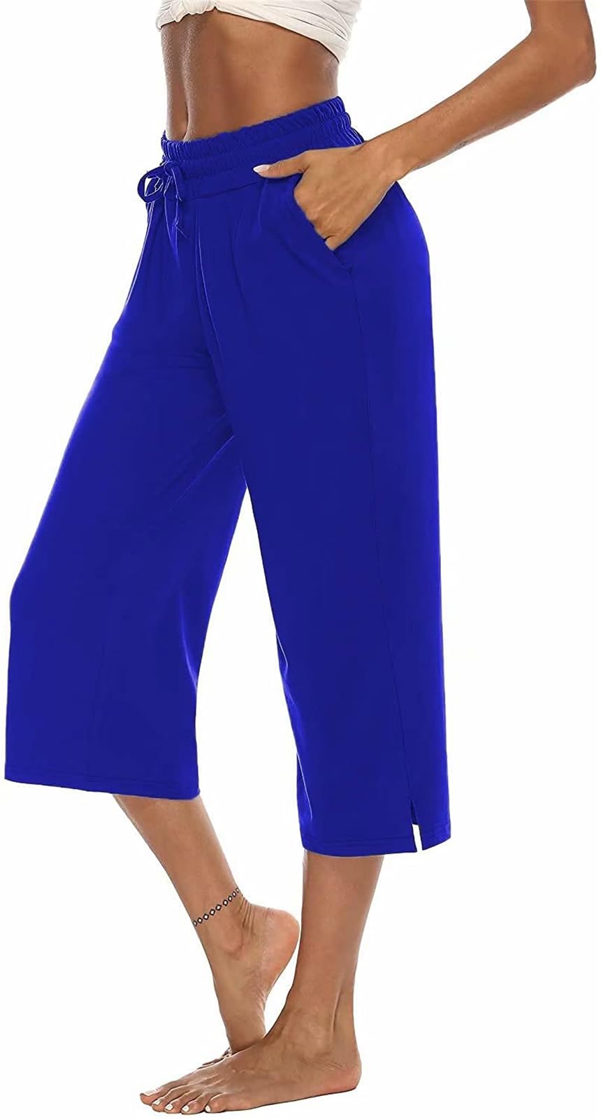 Asksa Women's Blue 3/4 Capri Pants Wide Leg Crop Trousers Jogging Yoga Loose Comfy Lounge Drawstring Sweatpants With Pockets(,Xxl)