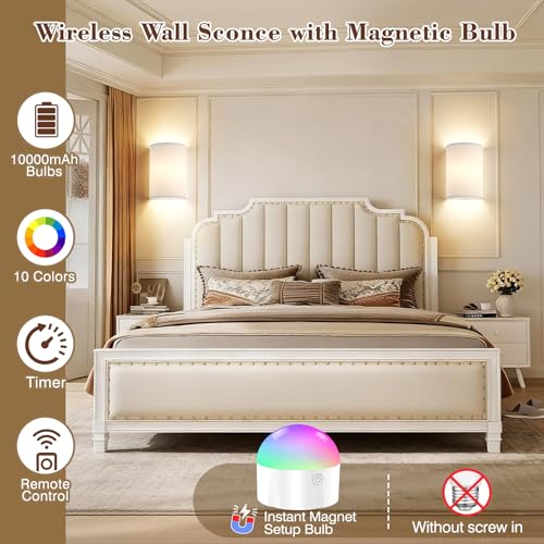 Image of Battery Operated Wall Sconce Set of Two: 10000mAh Wireless Wall Light with Rechargeable Magnetic Bulb - Dimmable Wall Lamp with 7 RGB Colors - Linen Shade Sconces with Remote for Bedroom Living Room