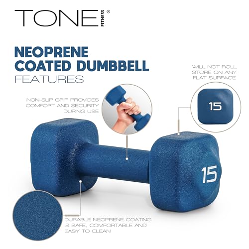 Tone Fitness Neoprene Dumbbell Weight Pairs with Anti-Roll Square Head | Multiple Options