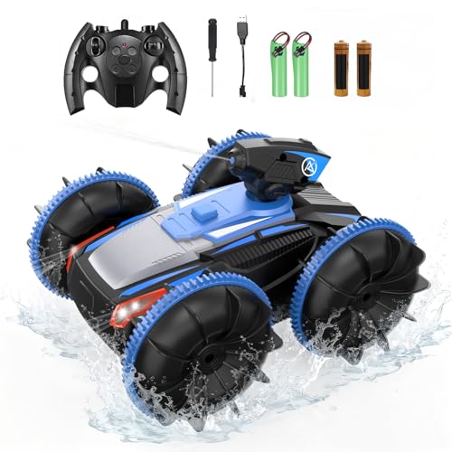 Amphibious Remote Control Car for Kids, Waterproof Stunt RC Ca r Toys with Cool Led Headlights, RC Car with Water Spray 360° Spinning& 180°Flip, 2.4GHz 4x4 Rechargeable Batteries, for Boys Ages 3-12