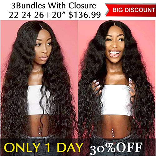 Brazilian Water Wave Human Hair 3 Bundles with Closure Brazilian Virgin Hair Weft with Lace Closure Middle Part Natural Black (22 24 26 with 20 inch closure)