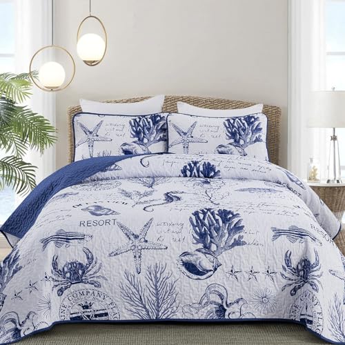 DJY Navy Blue Quilt Set King Coastal Beach Theme Quilt