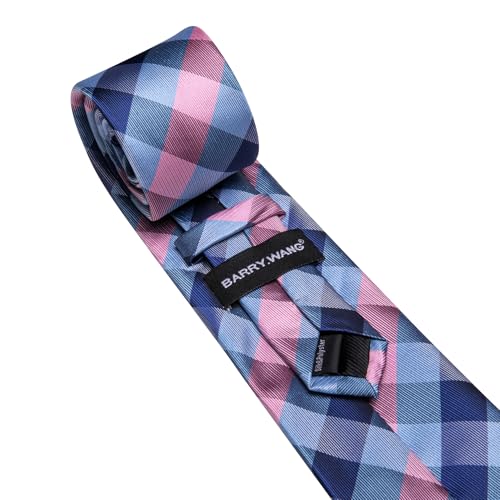 Image of Barry.Wang Plaid Ties Mens Silk Necktie and Tie Clip Checkered Tie for Wedding Party Business Formal