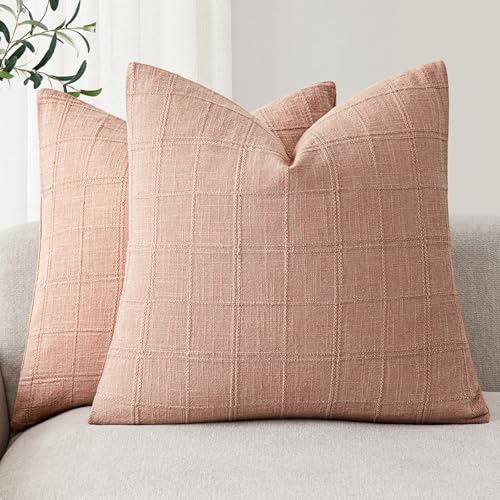 Image of Foindtower Set of 2 Decorative Linen Check Throw Pillow Covers Neutral Farmhouse Vintage Cushion Covers Modern Boho Accent Home Decor for Sofa Chair Couch Bedroom Living Room,20x20 Inch,Coral Pink