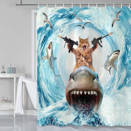 Image of Cat Shower Curtains for Bathroom, Funny Brown Cat Riding Shark Blue Ocean Theme Shower Curtain Set for Men Boys, Cute Cute Cool Blue Bath Curtain Sets with Hooks for Kids Room Decor