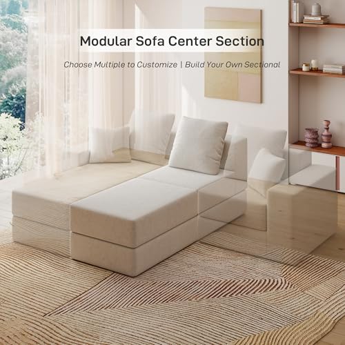 Image of Living&Giving Cloud Sectional Couch for Living Room, Modular Boneless Couch with 1 Ottoman, Middle-seat Can Be Combined with Modular Sofa, Customizable Layout for Any Space, Beige