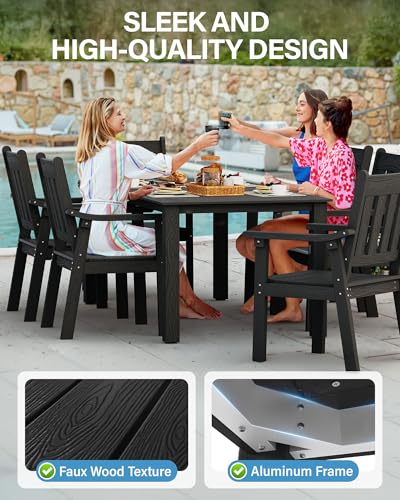 Image of YEFU HIPS Patio Table Set: 7 Piece Outdoor Table and Chairs Patio Furniture Set with Umbrella Hole - Black Modern Plastic Dining Sets 6 Person for Outside Deck with Metal Aluminum Frame