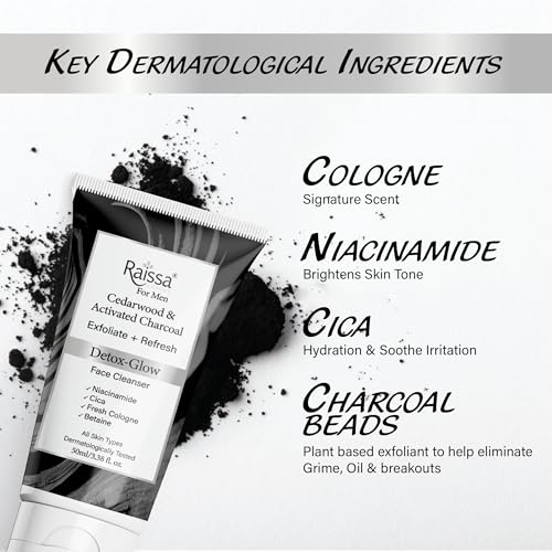 Image of Raissa Men's Soap Free Face Wash with Activated Charcoal, Cedarwood & Niacinamide |Glow, Detox, Brightening, Anti pollution, Deep Cleansing, Oil Control & Pore Care | 50ml