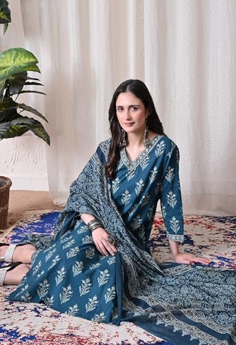 Image of MEERA FAB Women Floral Printed Sequined Cotton Straight Kurta with Palazzos & Dupatta | Sanganeri Print