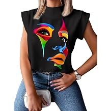 UOOZEE Womens Abstract Face Tops Graphic Tee Mock Neck Cap Sleeve T Shirts Slim Fit Trendy Going Out Streetwear Summer Top