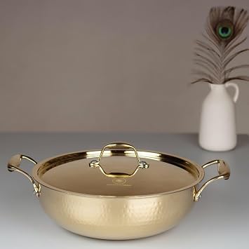 SWADESHI BLESSINGS Exclusive Range Brass Kadai for Cooking with Lid/Teflon-Free/Naturally Non-Stick Brass Utensils with Tin Coating 2 litres