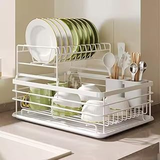 HROY 2 Tier Dish Drainer Rack with Drip Tray, Alloy Steel Draining Dish Rack Drainer with Draining Board and Utensils Hold Price In India