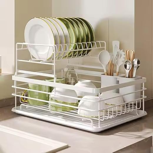 HROY 2 Tier Dish Drainer Rack with Drip Tray, Alloy Steel Draining Dish Rack Drainer with Draining Board and Utensils Hold...