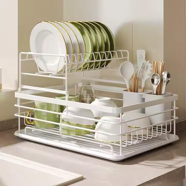 HROY 2 Tier Dish Drainer Rack with Drip Tray, Alloy Steel Draining Dish Rack Drainer with Draining Board and Utensils Hold