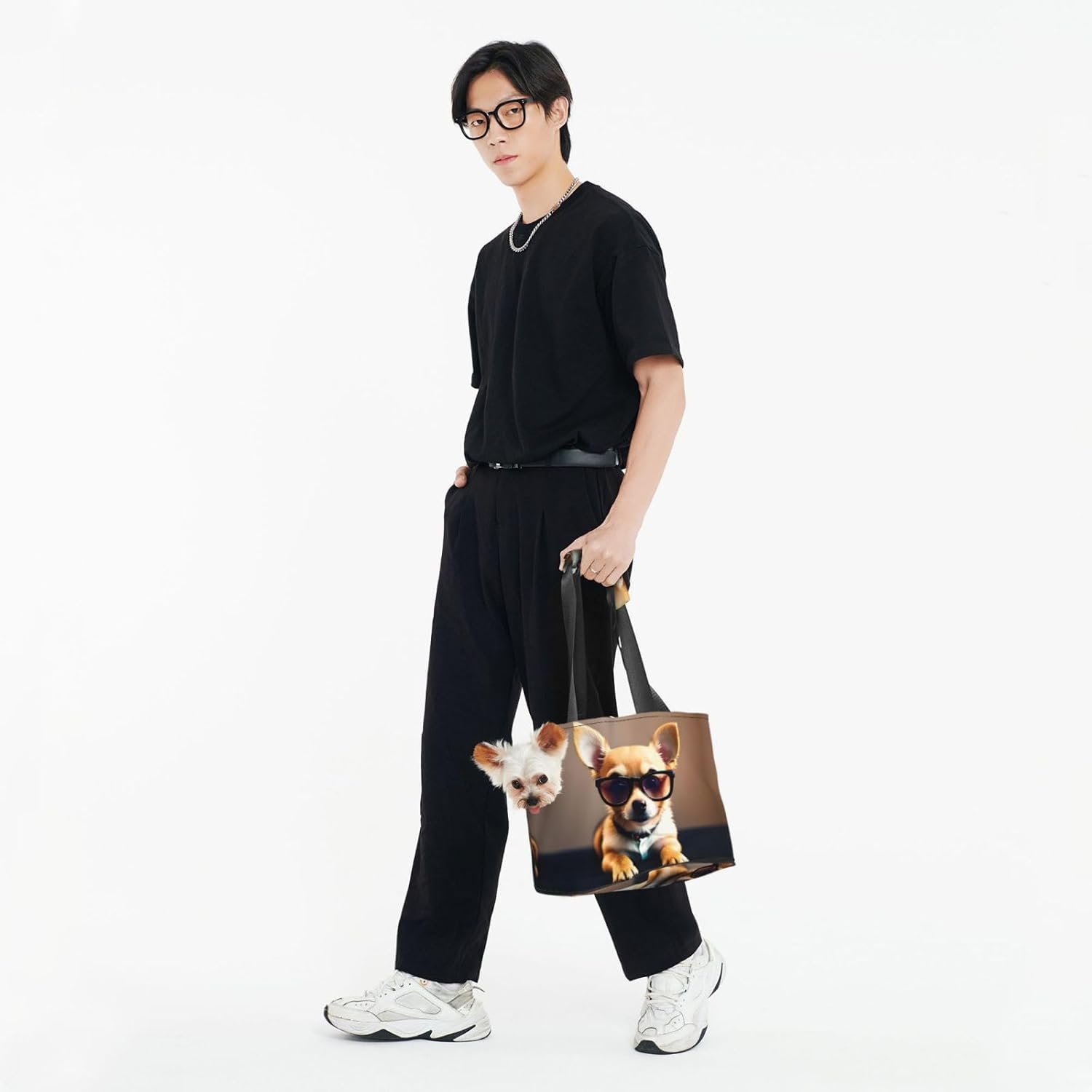 Chihuahua Dog Glasses 1 Print Portable Foldable Shoulder Bag for Travel,with Collar Hook and Handle Pad,Cute Stylish Design