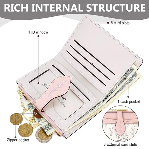 Image of Farcauo Cute Pink Minimalist Flower Wallet for Women Small Kawaii Coin Purse with ID Window Lightweight and Stylish Design Compact Cash Wallet for Ladies