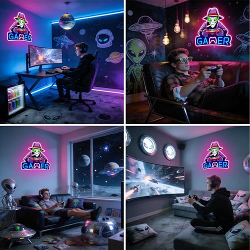 Image of Gamer Neon Sign, Gaming LED Neon Signs with UV Printed Alien for Gamer Room Decor, LED Lights for Boys Bedroom, Gaming Wall decor, Gamer Gifts for Teen Boys, Men (Alien Game)