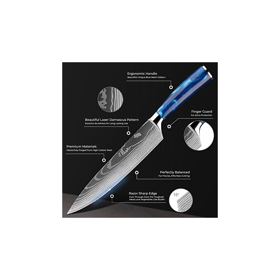 SENKEN 16-Piece Kitchen Knife Block Set - Japanese Chef's Knife Set with Laser Damascus Pattern, Includes 6 Steak Knives and Smoothly-Finished Acacia Hardwood Knife Block (Blue Resin Handles)