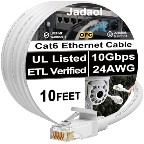 Jadaol [UL Listed Snagless Cat6 Ethernet Cable 10 ft 10Gbps, PoE++, White