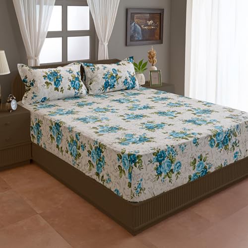 Image of Swayam Pure Cotton King Bedsheet with 2 Pillow Covers | Size 108 x 108 inch | 160 TC | Floral Design | Soft Breathable Bed Sheet | Comfortable & Durable for Bedroom - White & Blue