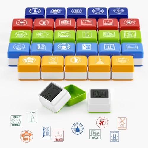 28 Pcs Passport Stamps for Kids with Storage Box City and Country Rubber Stamp Set for Learning Travel Theme Arts and Crafts Scrapbooking Classroom Activities