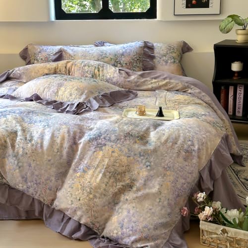Image of VM VOUGEMARKET Romantic Ruffle Duvet Cover Set Queen,Purple Flower | Soft Double Layer Cotton Botanical Flower Bedding Set,Vintage Cottagecore Aesthetic Comforter Cover for Girls Women