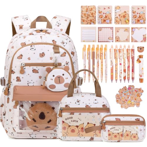 Similove Capybara Theme Backpack for School Girls 35PCS Kids Backpack Set with School Supplies Stationery Kit Lunch Box Pencil Case Cute Girls Bookbag for Kindergarten Elementary Student