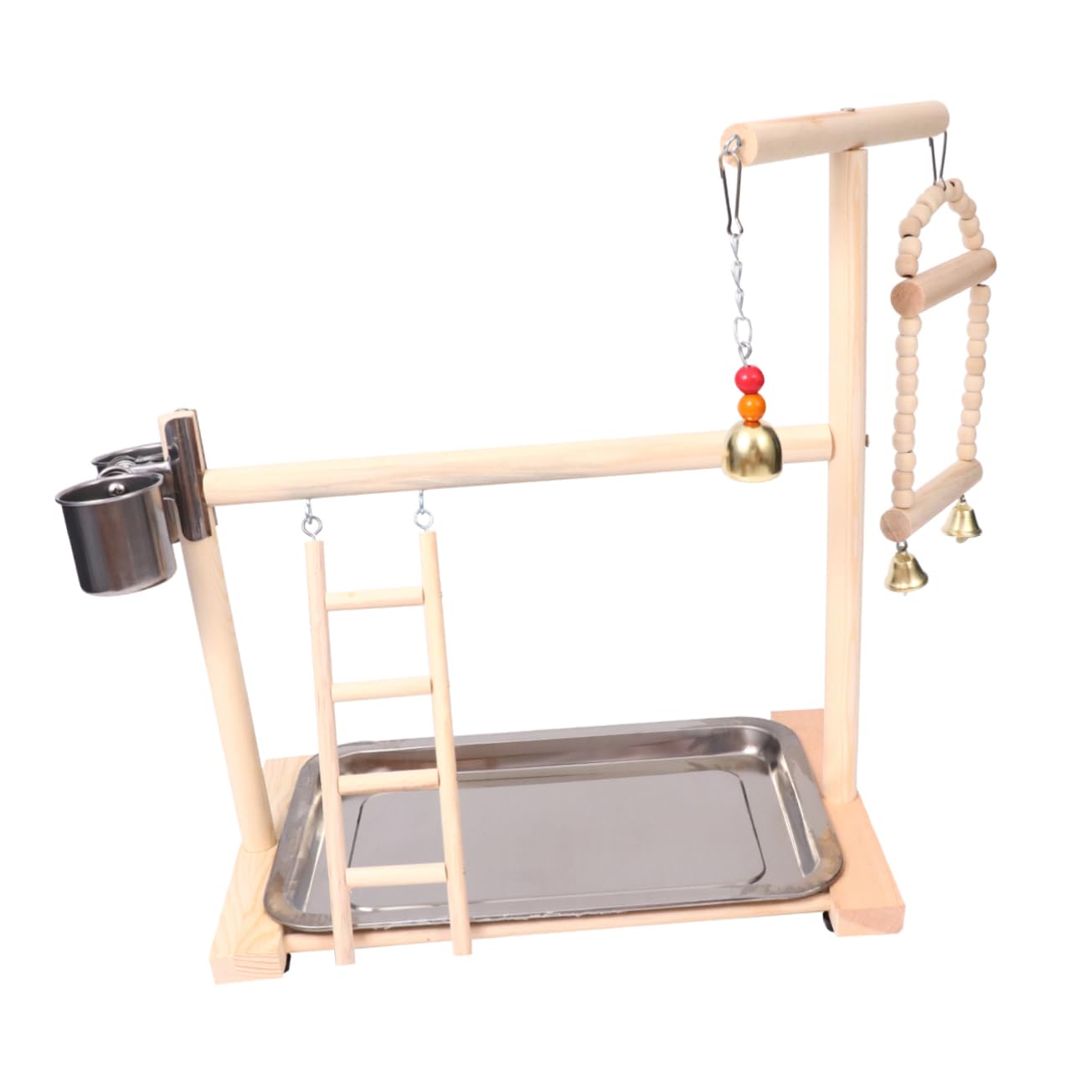 DOITOOL Supporto da Gioco per Pappagalli in Legno e Acciaio Inox, Ciotola, Dondolo e Campanella, per Gabbia e Giardino Colore Casuale