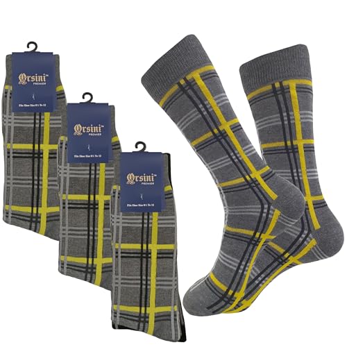 GRAY and YELLOW Color Dress Socks Cotton 3 Pairs Formal & Casual Stripes 10-13