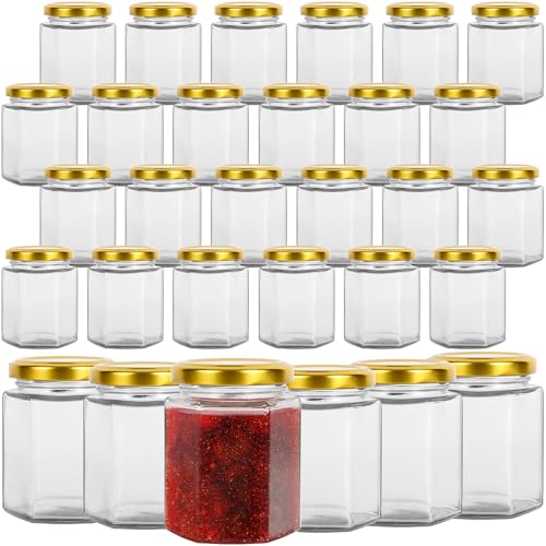 Keketin Hexagonal Glass Jam Jars with Gold Lids 6 oz,30 Pack Glas...