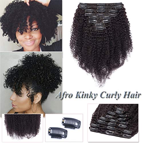Kinky Curly Clip in Human Hair Extensions for Black Women Afro Kinky Curly Human Hair Extensions for African American Lady Double Weft Full Head #Natural Black 8Inch 8PCS/18Clips/Set