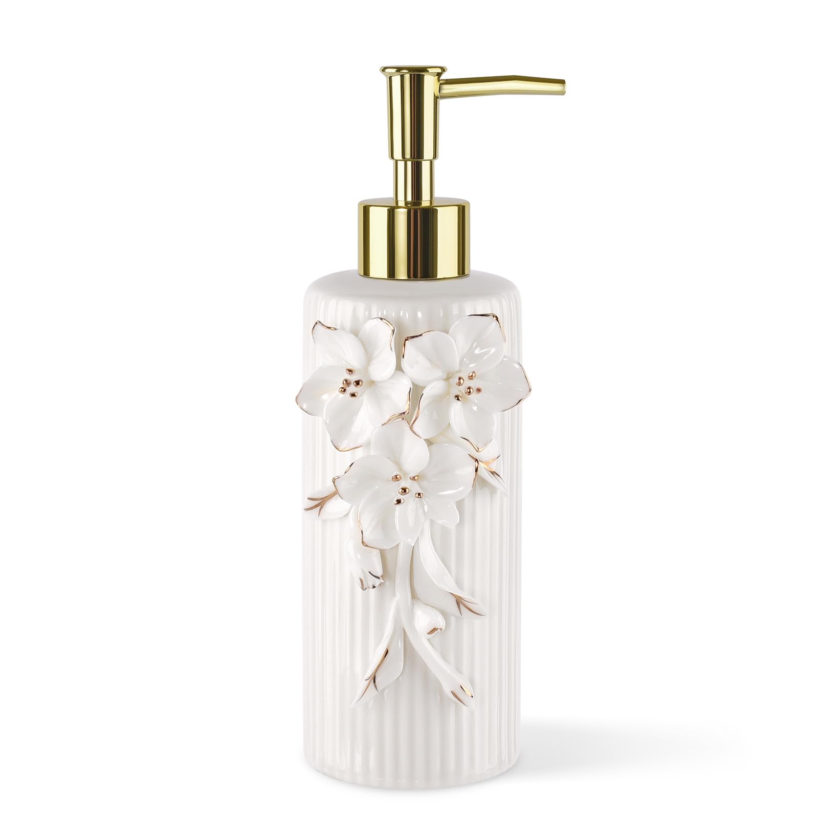 NEWHENGS Handmade Ceramic Flower Soap Pump Dispenser Hand Lotion Liquid Dispenser Refillable for Kitchen and Bathroom Decorative (Flower Gold)
