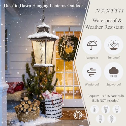 Image of Outdoor Pendant Lights for Porch 16.5 inch Large Dusk to Dawn Outdoor Chandelier with Water Ripple Glass Oil Rubbed Bronze Modern Hanging Porch Light with Adjustable Chain E27 Socket
