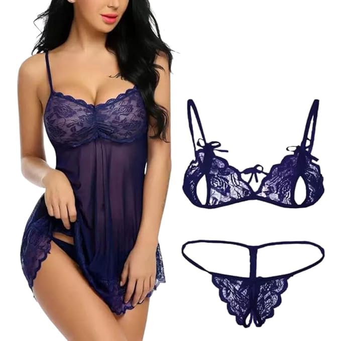 G.K Paridev Women's Babydoll with Lace Bra Panty Lingerie Set Combo