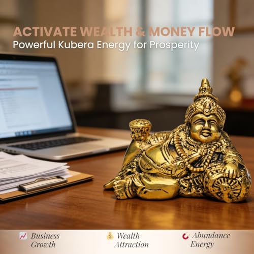 Image of Plus Value Brass Lord Kuber Maharaj Idol Statue God of Wealth Vastu Products for Temple Home Office Decor (8 x 14 x 10.5 cm, Gold)