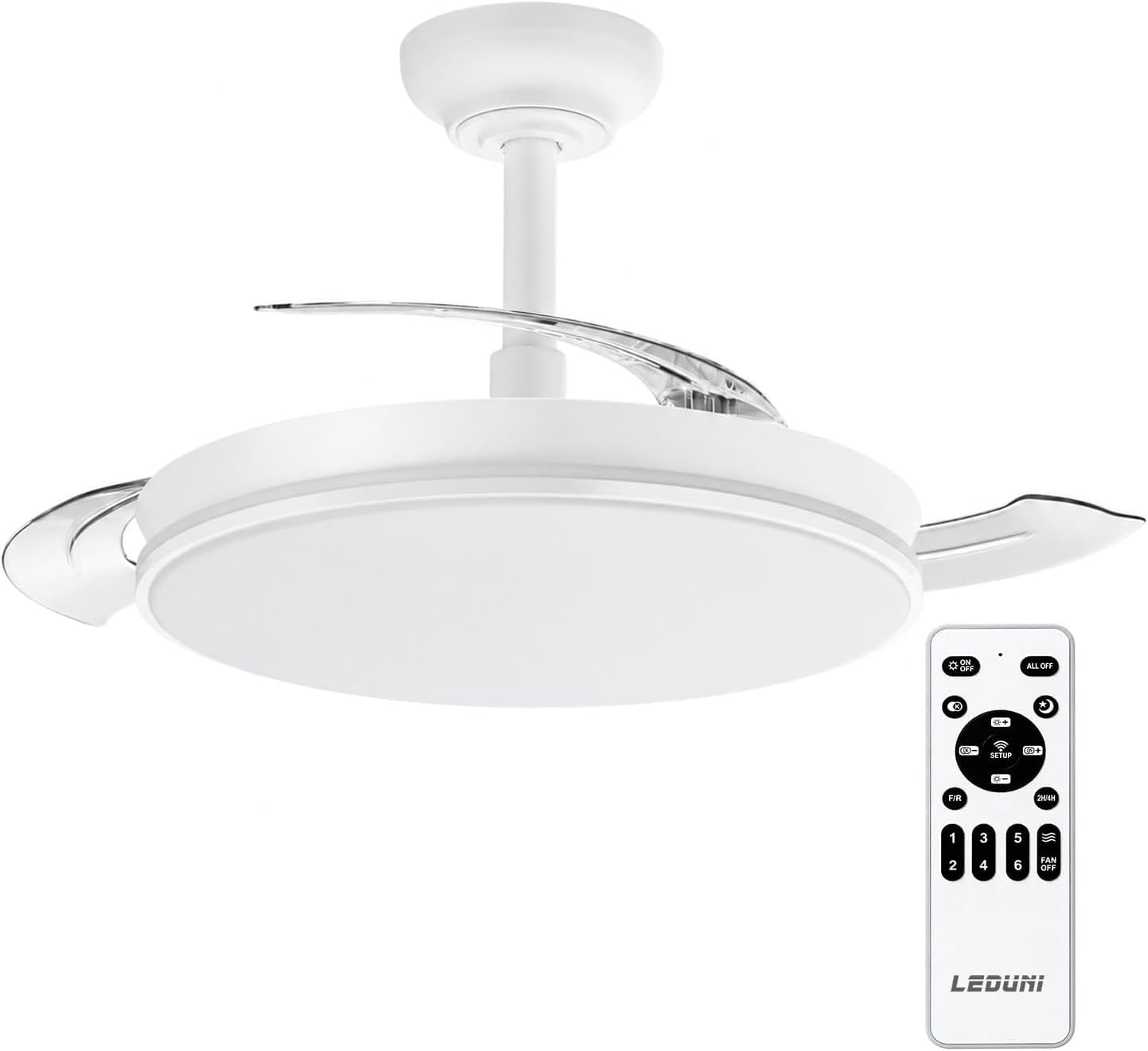 LEDUNI Ventilador con Luz, Motor DC 30W+20W Luz LED, 2300lm con mando a distancia, 6 velocidades, 3 aspas retráctiles, 3 temperaturas de luz, función verano-invierno Silencioso (Mini Mate)