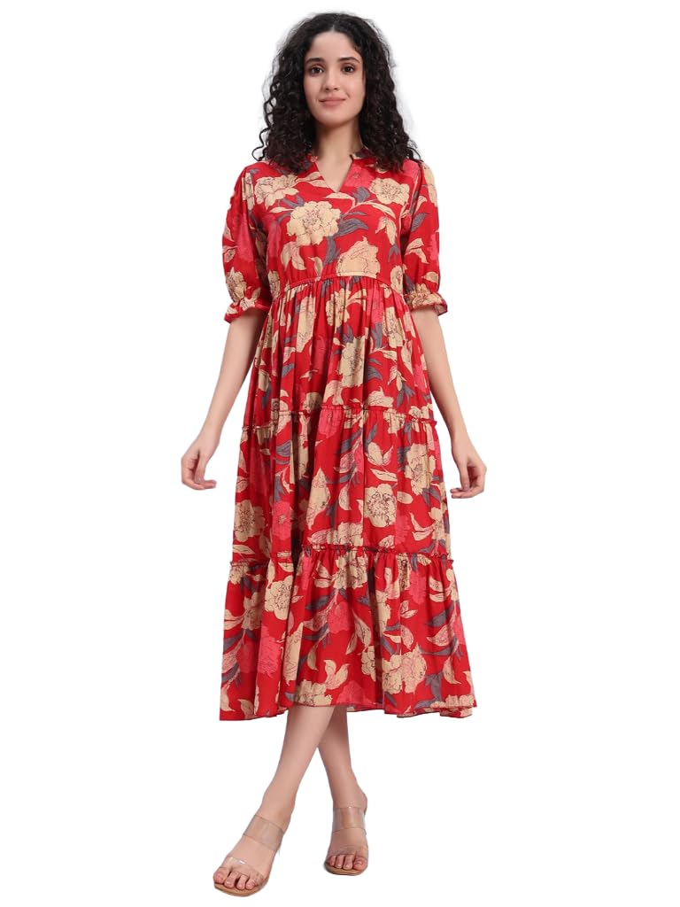 PIDAVLIYA'S Women's Floral Summer Maxi Dress I Cotton Printed I One Piece Bodycon Midi Dress with V-Neck, Puffed Sleeves (in, Alpha, XL, Regular, Orange)