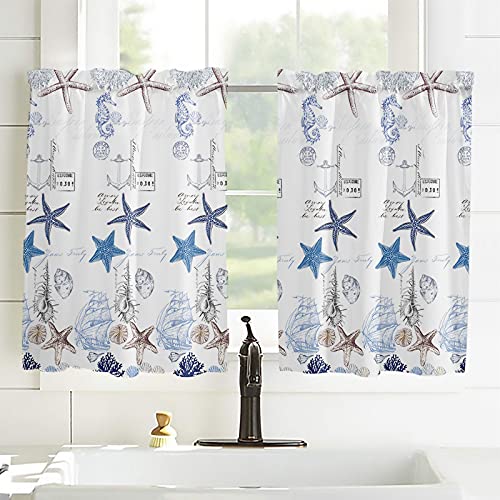 Jolunifun Ocean Beach Starfish Kitchen Curtain,Blue Nautical Anchor Small Short Cafe Tiers Harf Curtains Drape, 2 Panel Coastal Beachy Shell Coral Rod Pocket Drapery Panels, 42W*54Hinch*2Panels #TOP2