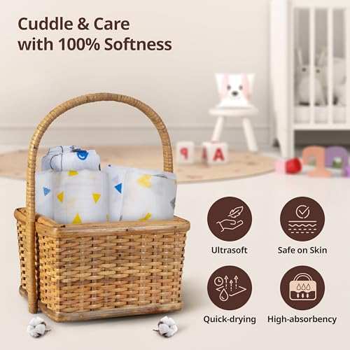 Image of LuvLap 100% Cotton Muslin Baby Swaddle Set, Baby Towel, Size-120cm x 100cm (47 inchx39 inch), Triangles Birds & Balloons Printed on White, Printed Mulmal Muslin Swaddle Wrap for New Born, Pack of 15