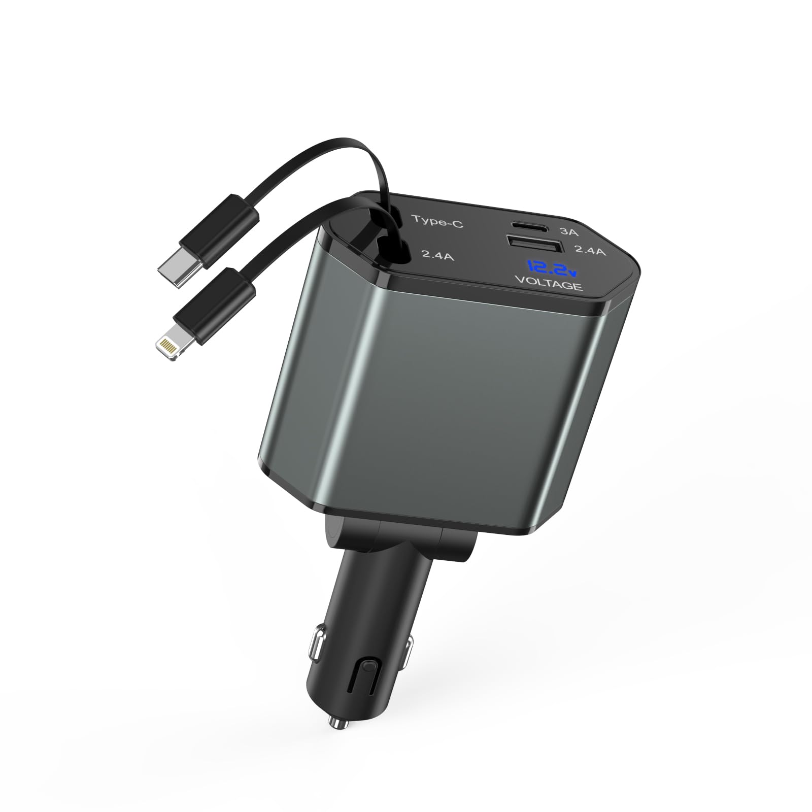 Cargador retráctil de coche para iPhone, cargador de coche 4 en 1 de 66 W, carga rápida, 2 cables retráctiles (PD y Lightning) y 2 puertos (USB C y USB A) para Apple Car Charging Cigarette Adapter