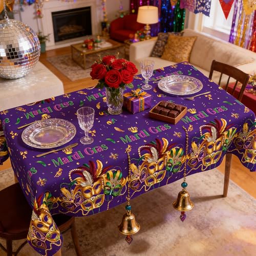 Image of Mardi Gras Tablecloth, 2 PCS Mardi Gras Table Cloth Disposable, Plastic Purple Carnival Mask Decorative Masquerade Tables Cover Rectangular for Mardi Gras Party Decoration Supplies, 54 X 108 Inch